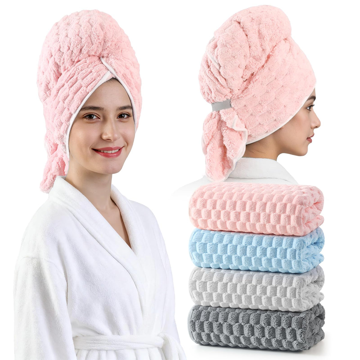 REDKISS 3 Pack Microfiber Hair Towels - Extra Large Hair Towel Wrap for Women, 24x42 inch Hair Towels with Elastic Strap, Super Soft Hair Drying Towels for Long, Thick, Curly Anti Frizz Turbans