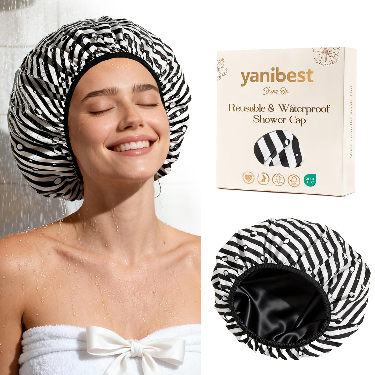 Yanibest Frizz Free Satin Lined Shower Cap with Soft Elastic Band