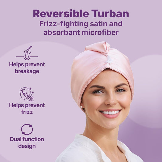 Goody Reversible Satin & Microfiber Turban, Day to Night Styling, Dual-Sided Microfiber Hair Towel Wrap for Quick-Drying, Satin Bonnet for Frizz-Control, For All Hair Types, Gift for Women & Girls