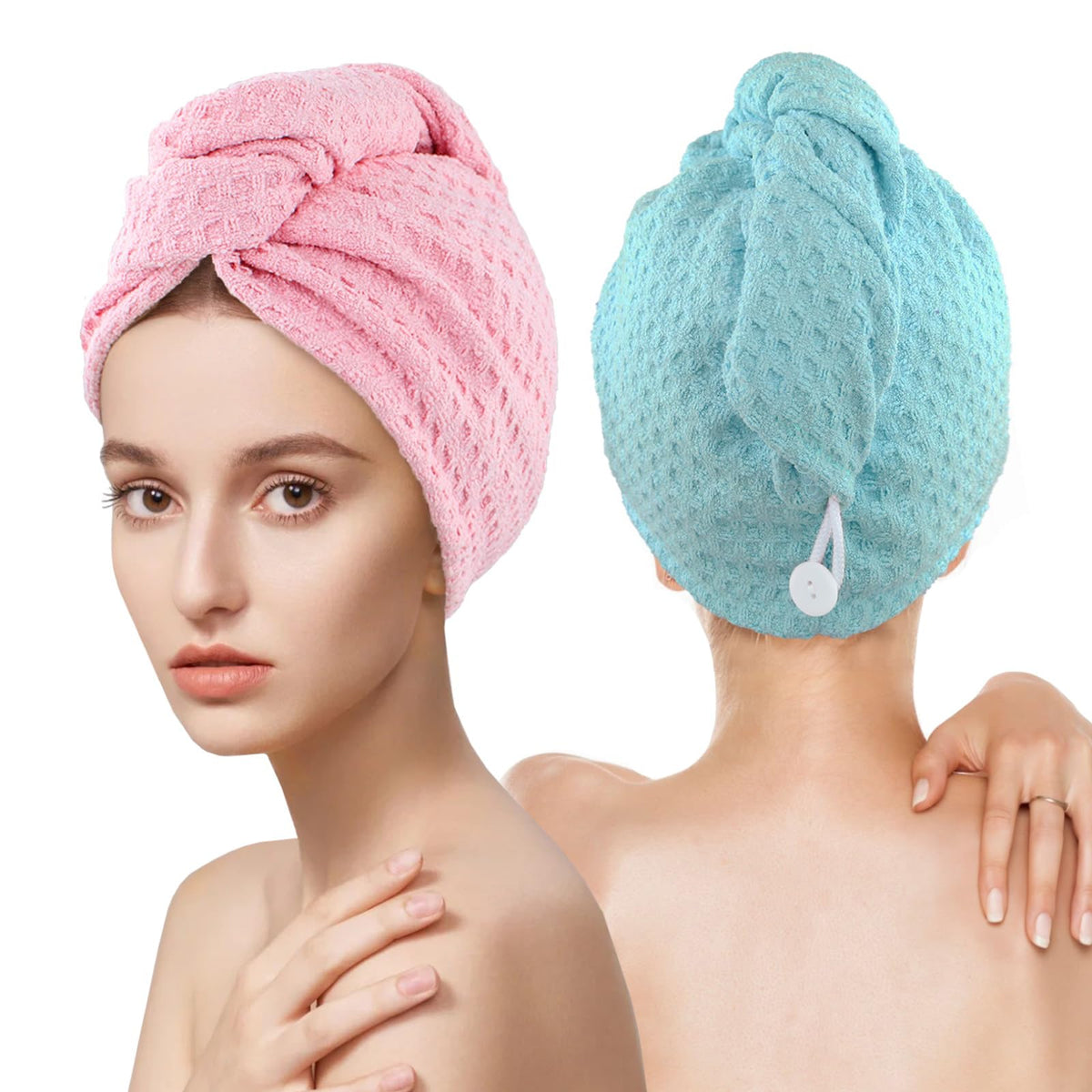 MaopaoBeauty Hair Towel Wrap for Women Long&Thick Hairs Head Wrap 1Pack Super Absorbent Hair Drying White Waffle Bath Towels for Curly Quick Dry Hair Drying Towels with Button