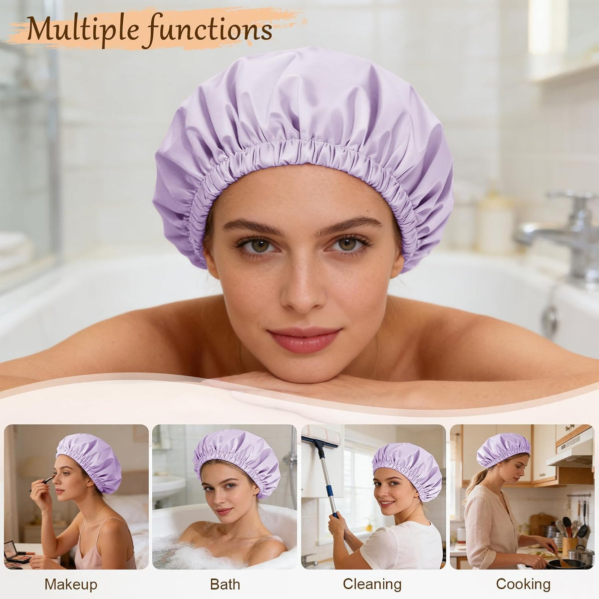 Shower Cap for Women, Reusable Waterproof Satin Lined Shower Cap