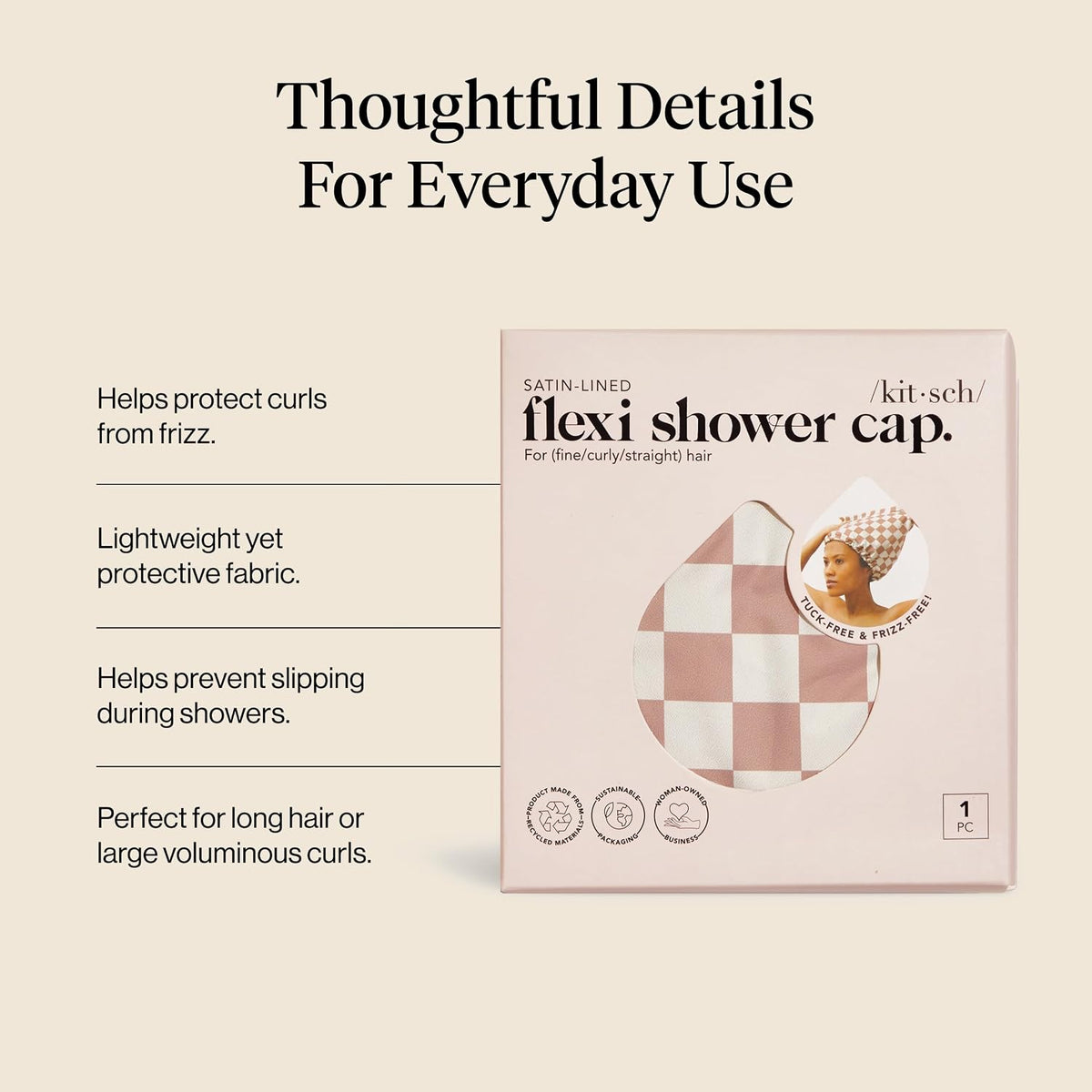 Kitsch Luxury Satin-Lined Flexi Shower Cap for Women - Terracotta Checker