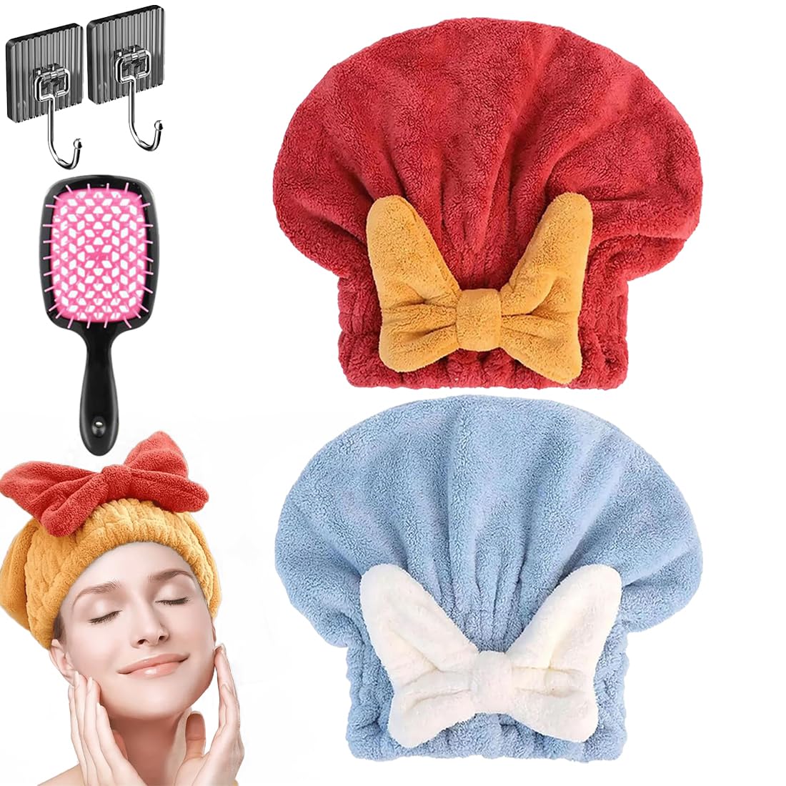 New Super Absorbent Hair Towel Wrap for Wet Hair, Microfiber Super Absorbent Hair Towel Wrap, Soft Absorbent Quick Drying Cap with Bow-Knot, Make Your Hair Smoother and shinier (2Pcs-A)