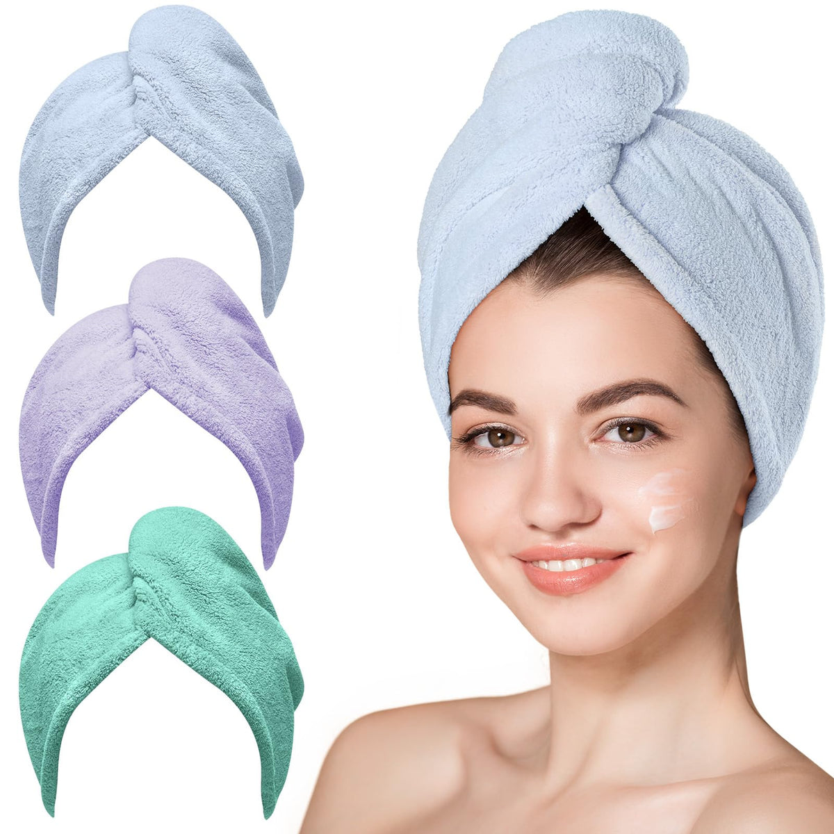 Hicober Microfiber Hair Towel Wrap for Women, Blue Grey Pink, 3-Pack