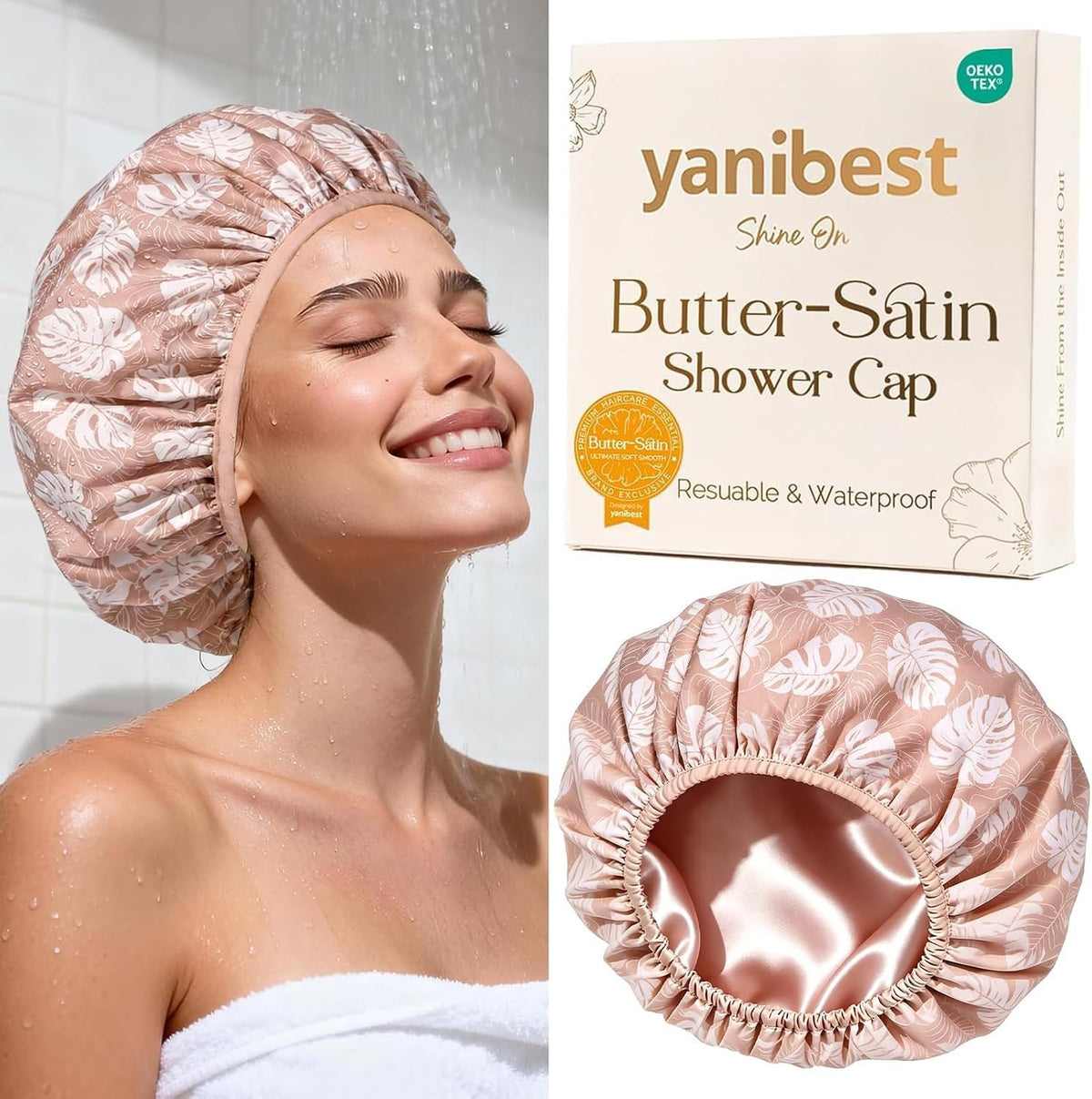 Yanibest Frizz Free Satin Lined Shower Cap with Soft Elastic Band