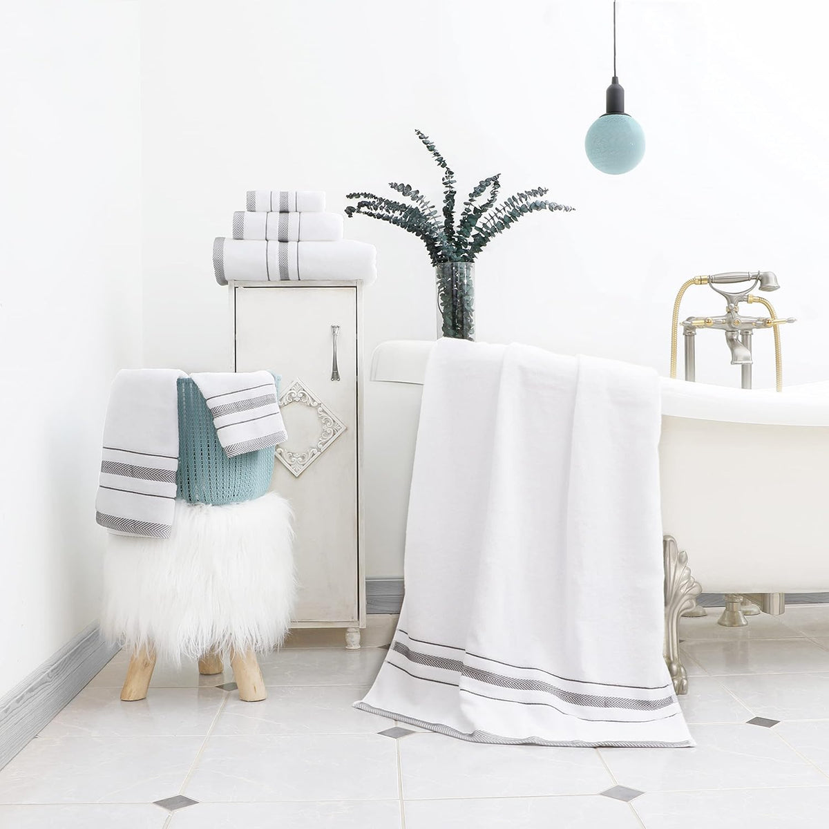 Bath Towels Set for Bathroom – Luxury 6-Piece Cotton Towels, Soft Absorbent & Quick Dry, 600 GSM Bath Towels for Bathroom, Hotel Spa Quality (White/Grey, 6- Bath Towel Set)