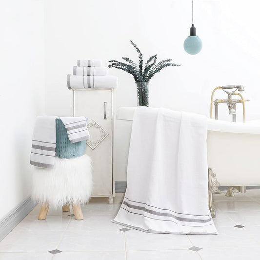 Bath Towels Set for Bathroom – Luxury 6-Piece Cotton Towels, Soft Absorbent & Quick Dry, 600 GSM Bath Towels for Bathroom, Hotel Spa Quality (White/Grey, 6- Bath Towel Set)