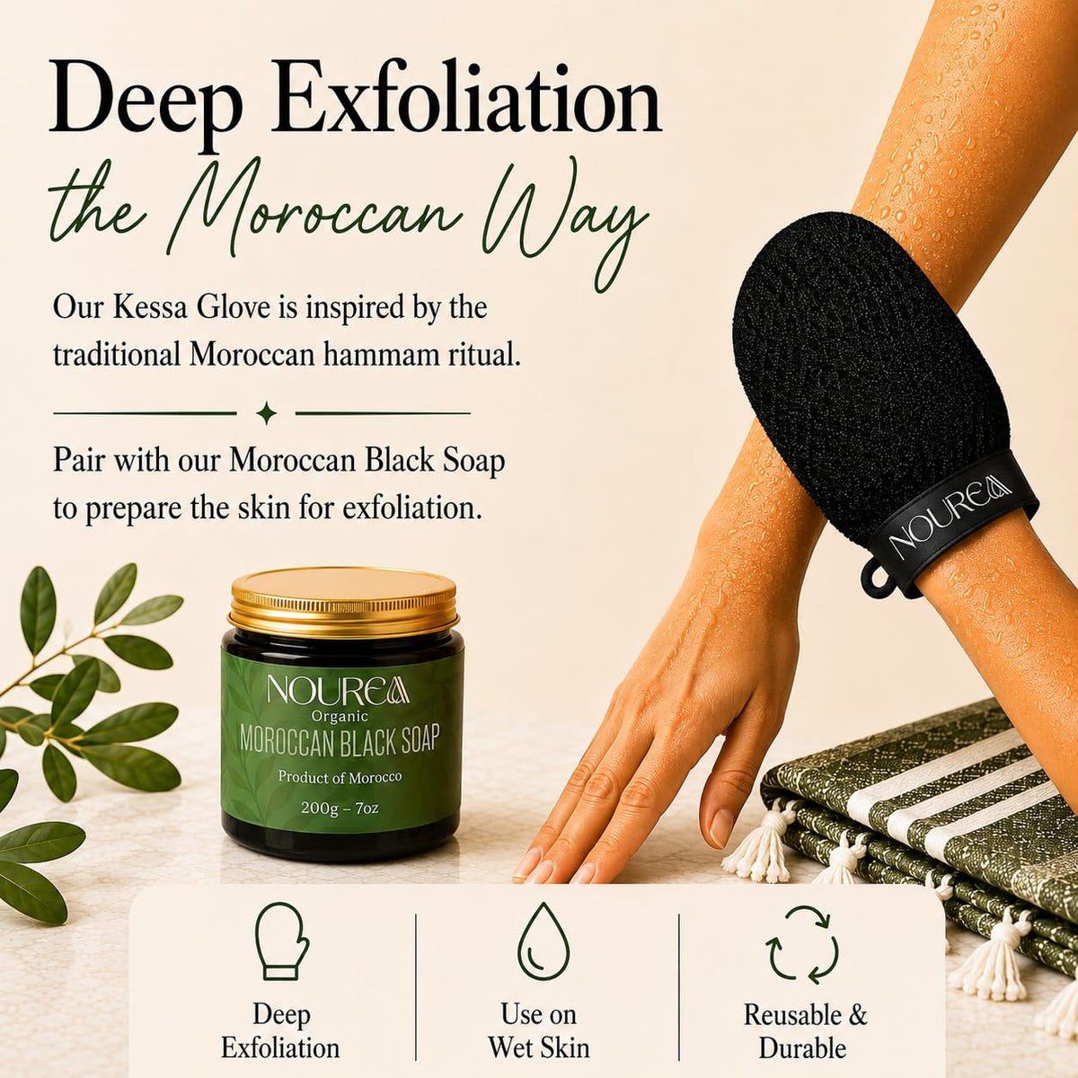 Kessa Exfoliating Glove (2-Pack) – Moroccan Hammam Inspired Body Exfoliating Mitt, Textured Viscose Glove for Dead Skin Removal
