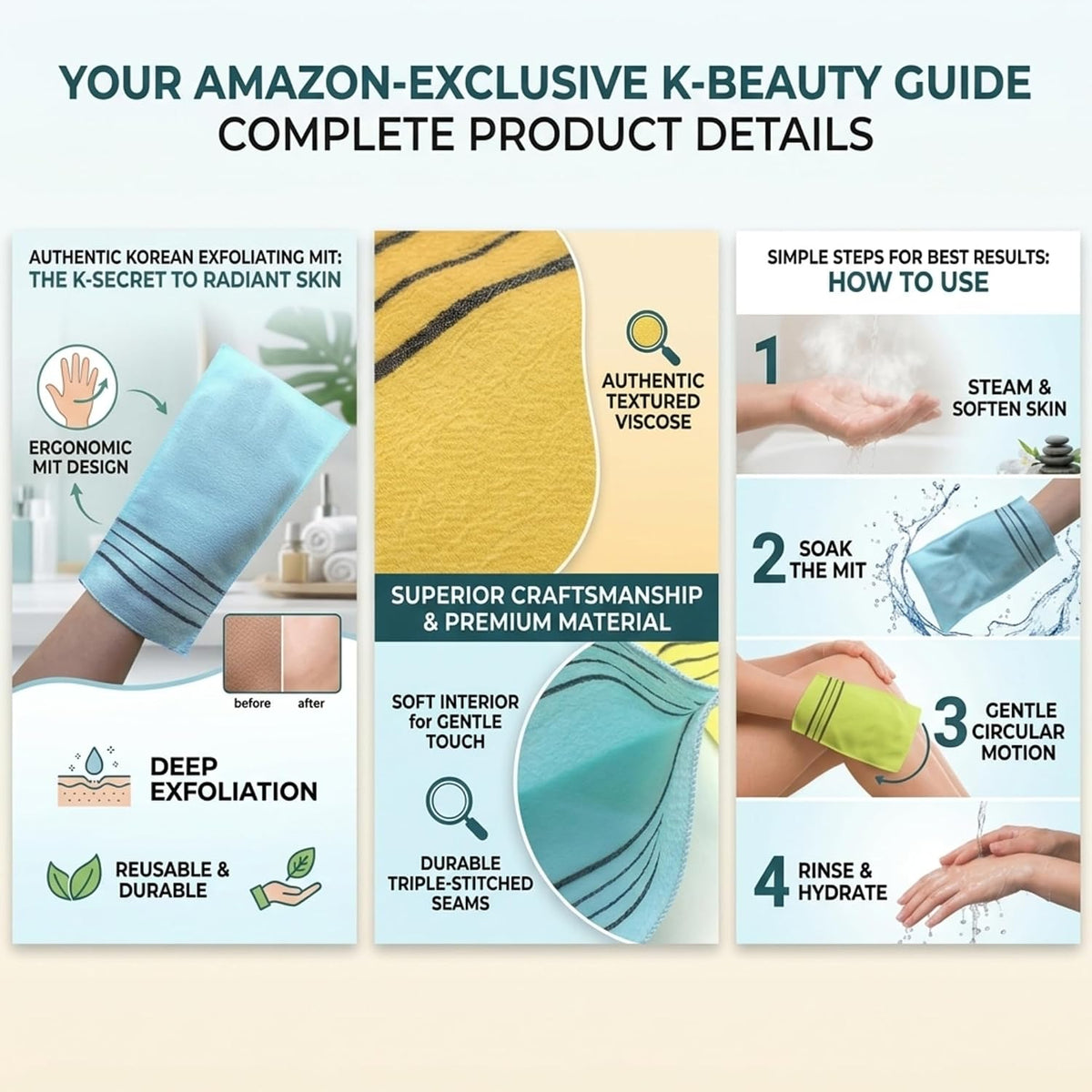 Olivia Tree 6 Pack Exfoliating Mitts, Korean Spa Italy Towel Body Scrubbers