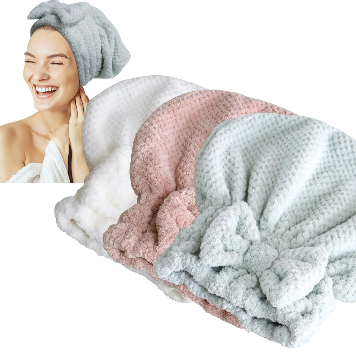 Jseng 2PC Microfiber Hair Drying Caps, Extrame Soft & Ultra Absorbent, Fast Drying Hair Turban Wrap Towels Shower Cap for Girls and Women