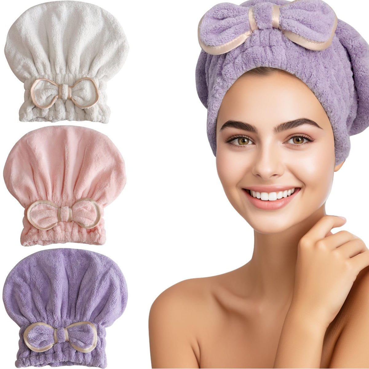 Jseng Microfiber Hair Towel Caps for Women with Cute Bowtie, 2Packs Fast Drying Hair Towel Caps for Curly Long Wet Hair Anti Frizz
