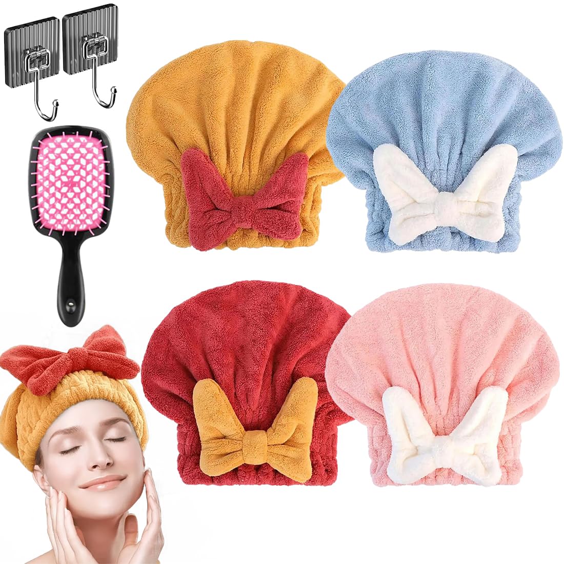 New Super Absorbent Hair Towel Wrap for Wet Hair, Microfiber Super Absorbent Hair Towel Wrap, Soft Absorbent Quick Drying Cap with Bow-Knot, Make Your Hair Smoother and shinier (2Pcs-A)