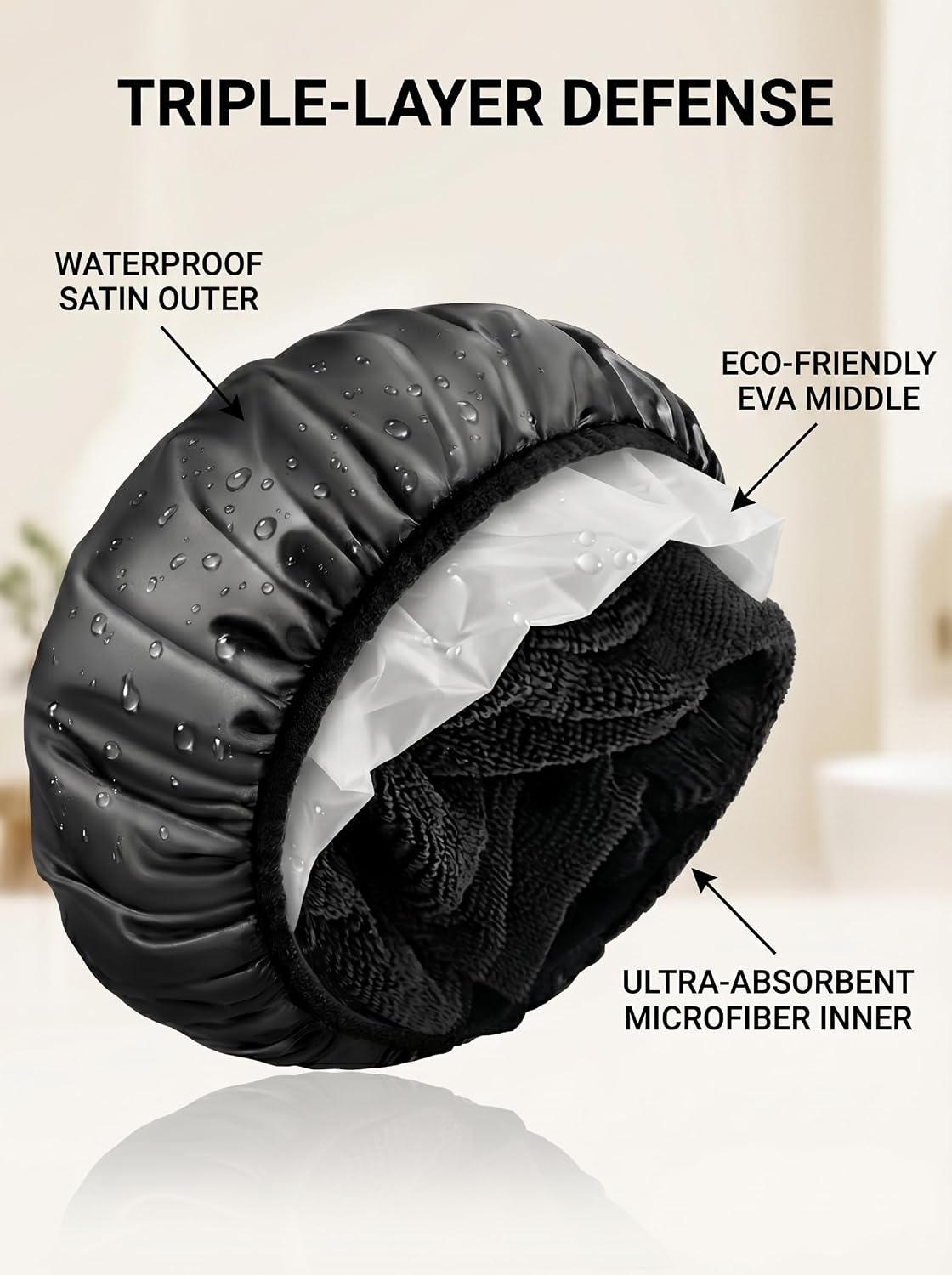 Aquior Shower Cap,Terry Lined Shower Cap for Women Reusable, Triple Layer Waterproof Bath Cap, Extra Large for Women Long Hair(Black)