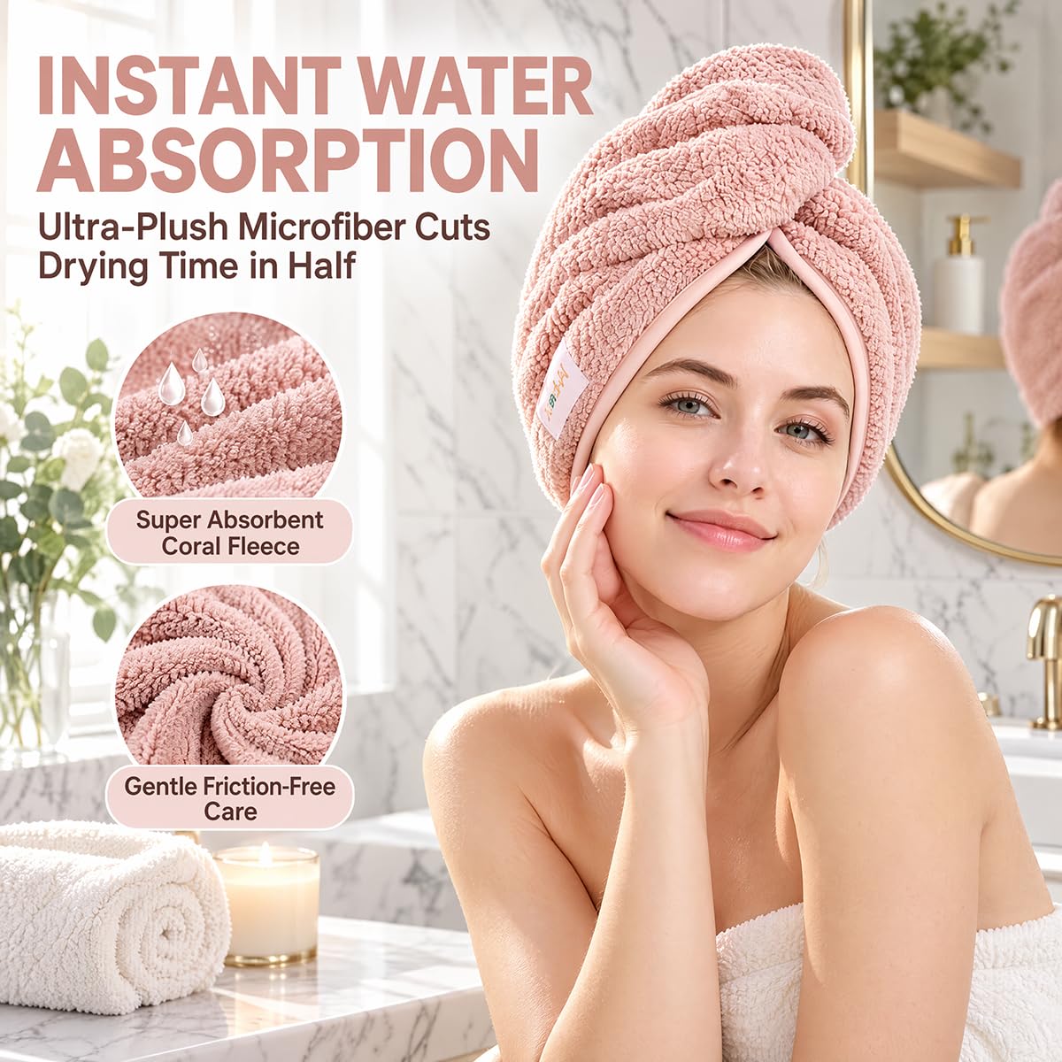 M-bestl 2 Pack Microfiber Hair Towel Wrap with Button,Quick Dry(Pink&Beige)
