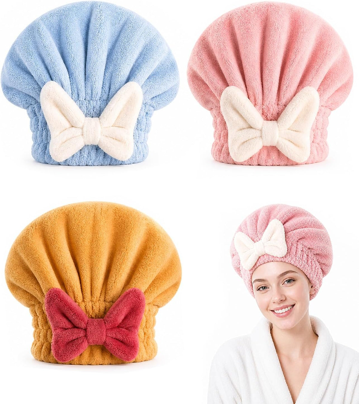 3 Pack Microfiber Hair Towel Drying Cap, Super Absorbent Fast Drying Hair Turban with Bow for Women