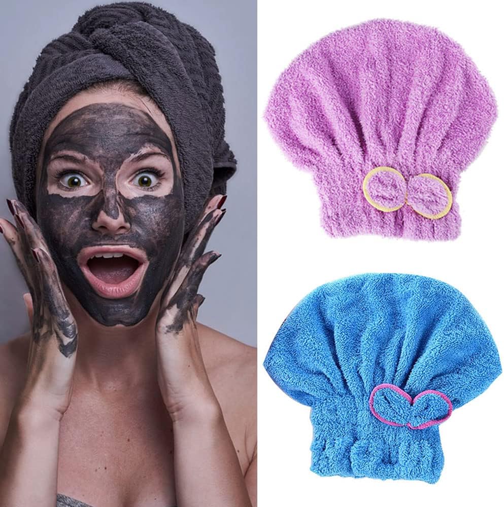 2 Pcs Microfiber Hair Drying Towels, Ultra Absorbent Cap Bowknot Turban for Women Adults or Girls, Multicolour