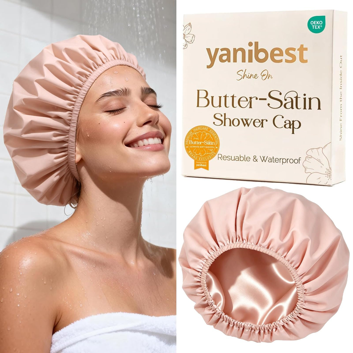 Yanibest Frizz Free Satin Lined Shower Cap with Soft Elastic Band