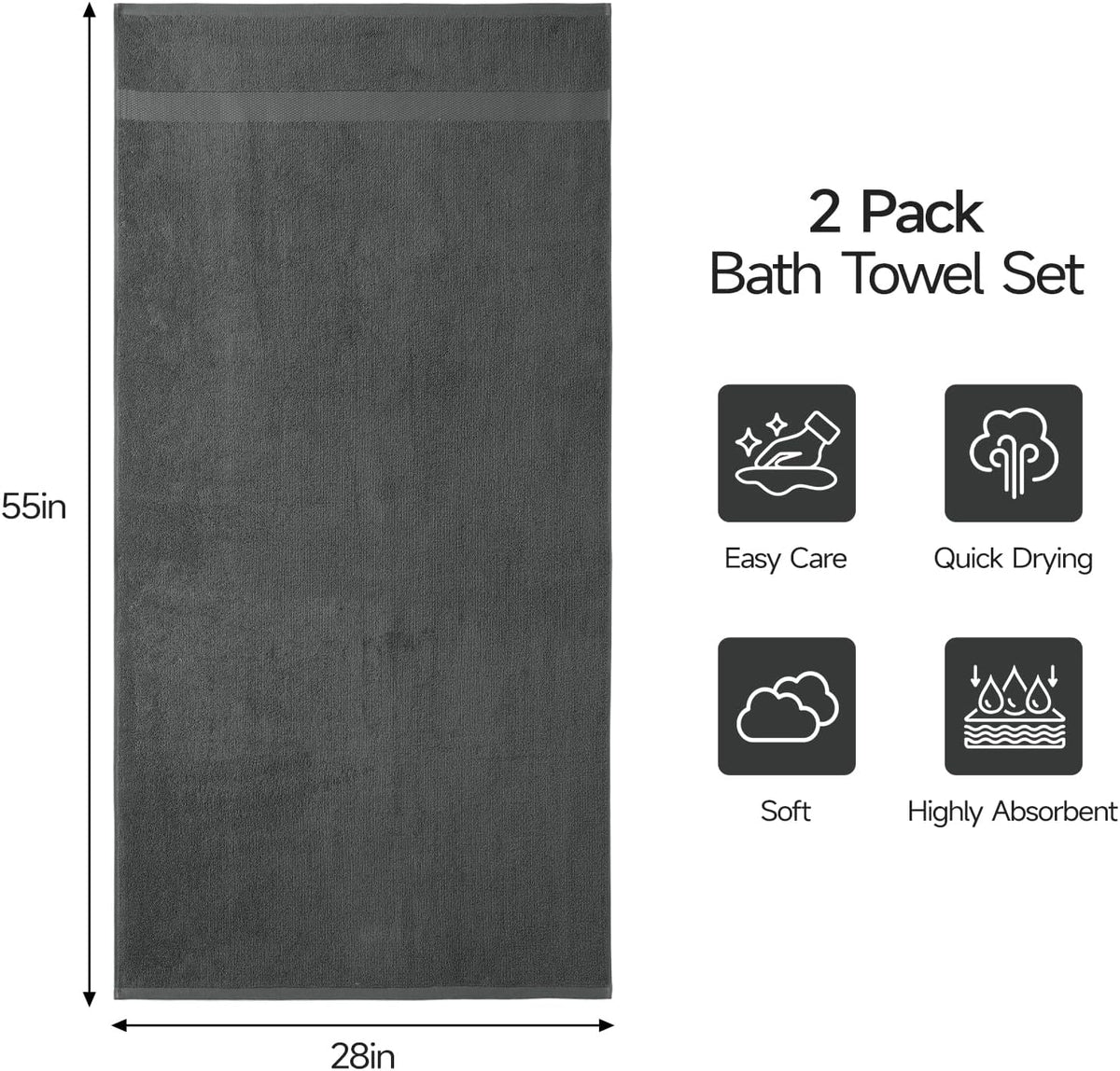 ecolook 2 Pack 100% Cotton Bath Towels, 28 x 55 Inches, Soft