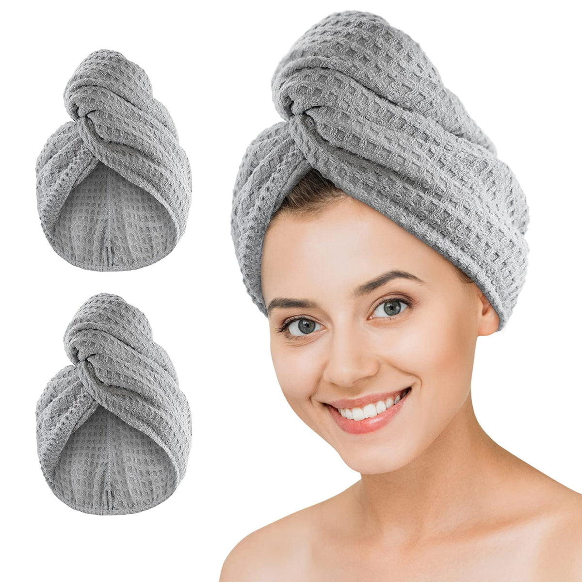 Microfiber Hair Drying Towel: 2 Pcs Waffle Long Hair Turban Wraps (Green)