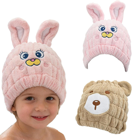 2 PCS Microfiber Hair Towel Wrap for Kids, Girls & Women,Cute Unicorn and White Rabbit Dry Hair Cap - Super Absorbent Quick Drying, Lightweight Turban Towel for Wet Hair (Brown) (Color A)
