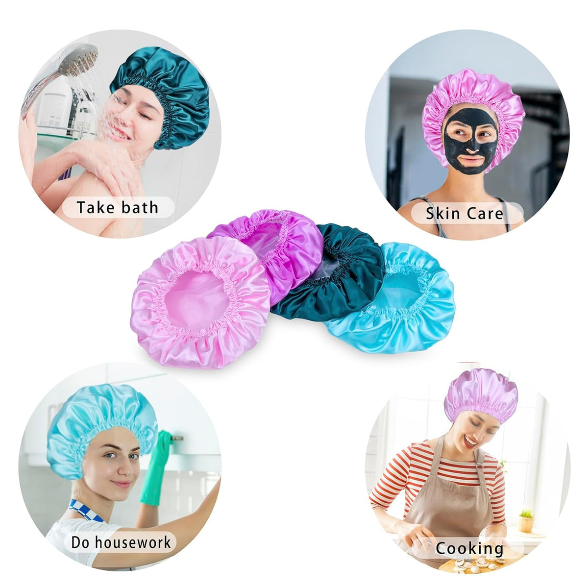 Shower Caps for Women, 4 PCS Reusable Waterproof Bath Cap