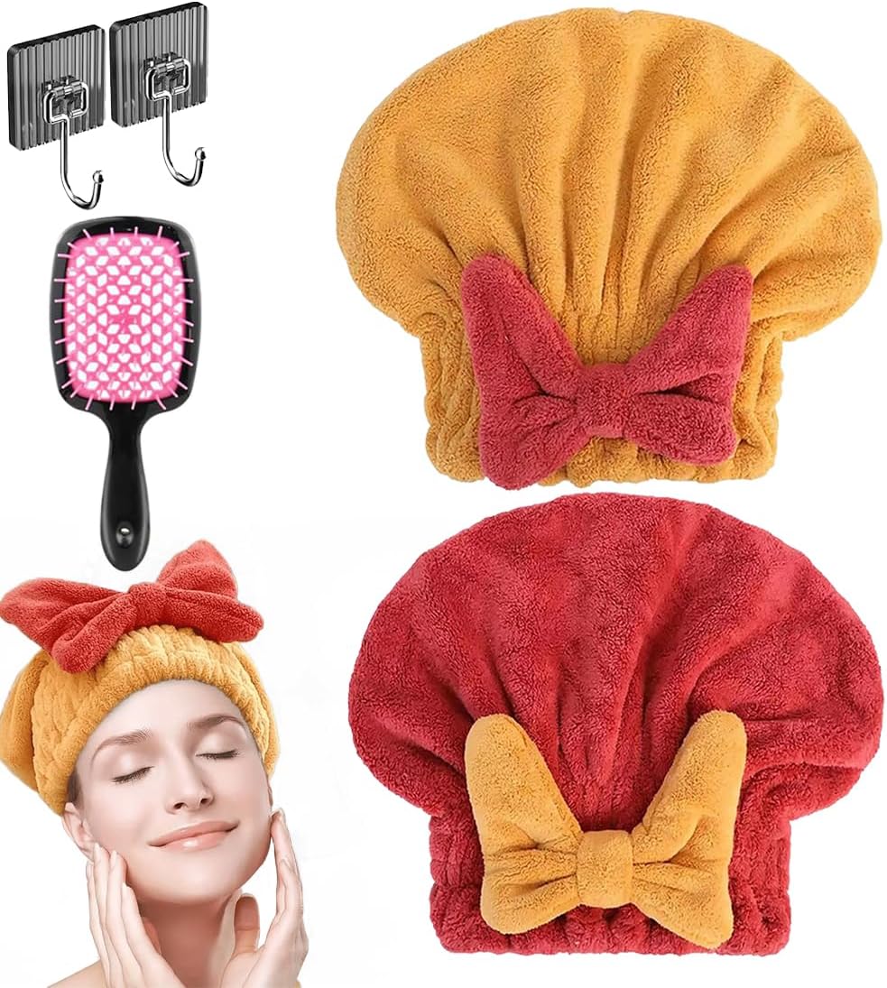 New Super Absorbent Hair Towel Wrap for Wet Hair, Microfiber Super Absorbent Hair Towel Wrap, Soft Absorbent Quick Drying Cap with Bow-Knot, Make Your Hair Smoother and shinier (2Pcs-A)