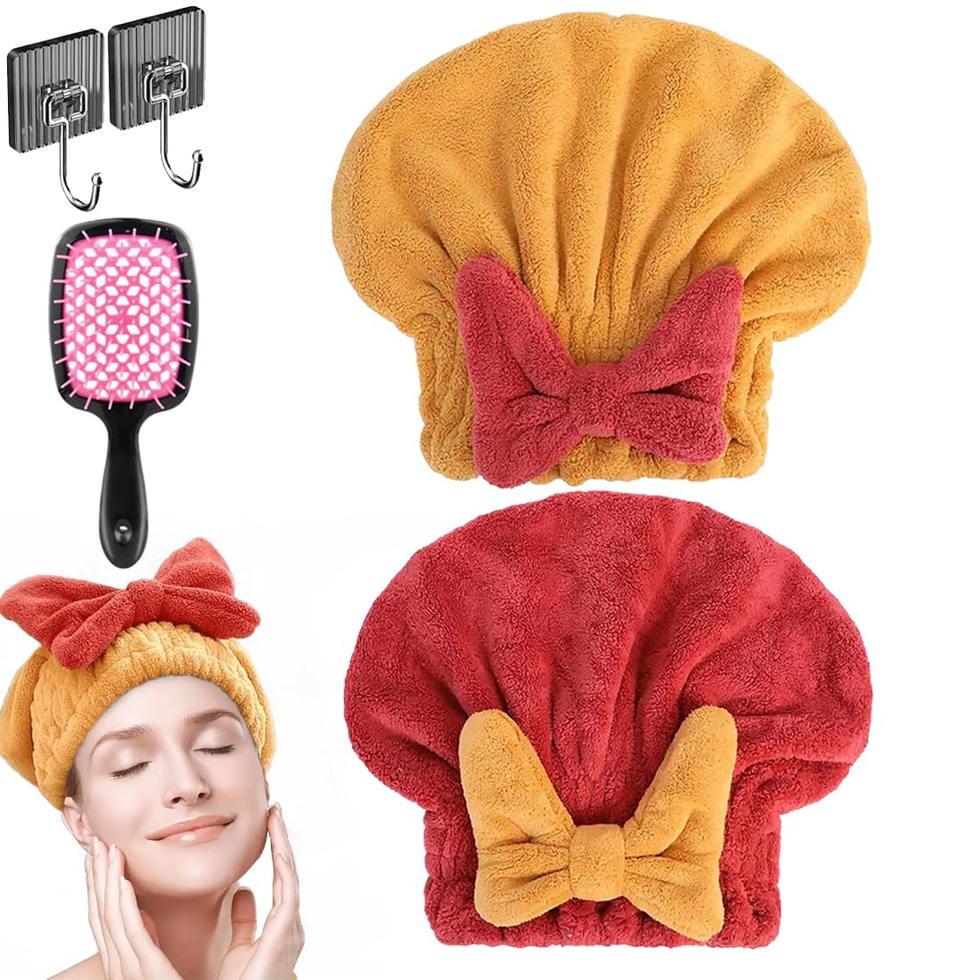 New Super Absorbent Hair Towel Wrap for Wet Hair, Microfiber Super Absorbent Hair Towel Wrap, Soft Absorbent Quick Drying Cap with Bow-Knot, Make Your Hair Smoother and shinier (2Pcs-A)