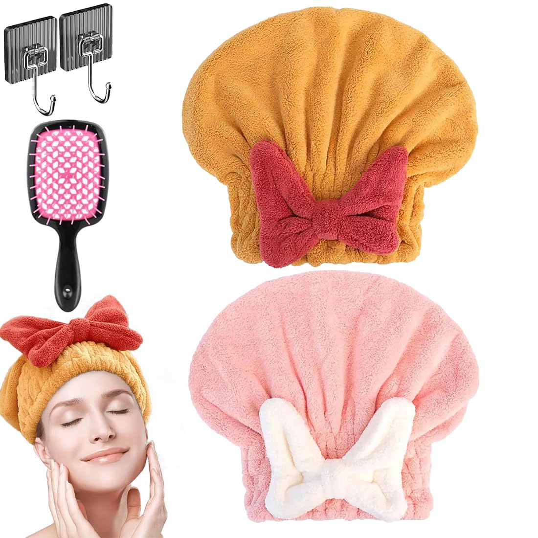 New Super Absorbent Hair Towel Wrap for Wet Hair, Microfiber Super Absorbent Hair Towel Wrap, Soft Absorbent Quick Drying Cap with Bow-Knot, Make Your Hair Smoother and shinier (2Pcs-A)