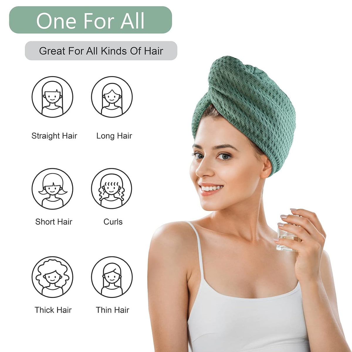 Microfiber Hair Drying Towel: 2 Pcs Waffle Long Hair Turban Wraps (Green)