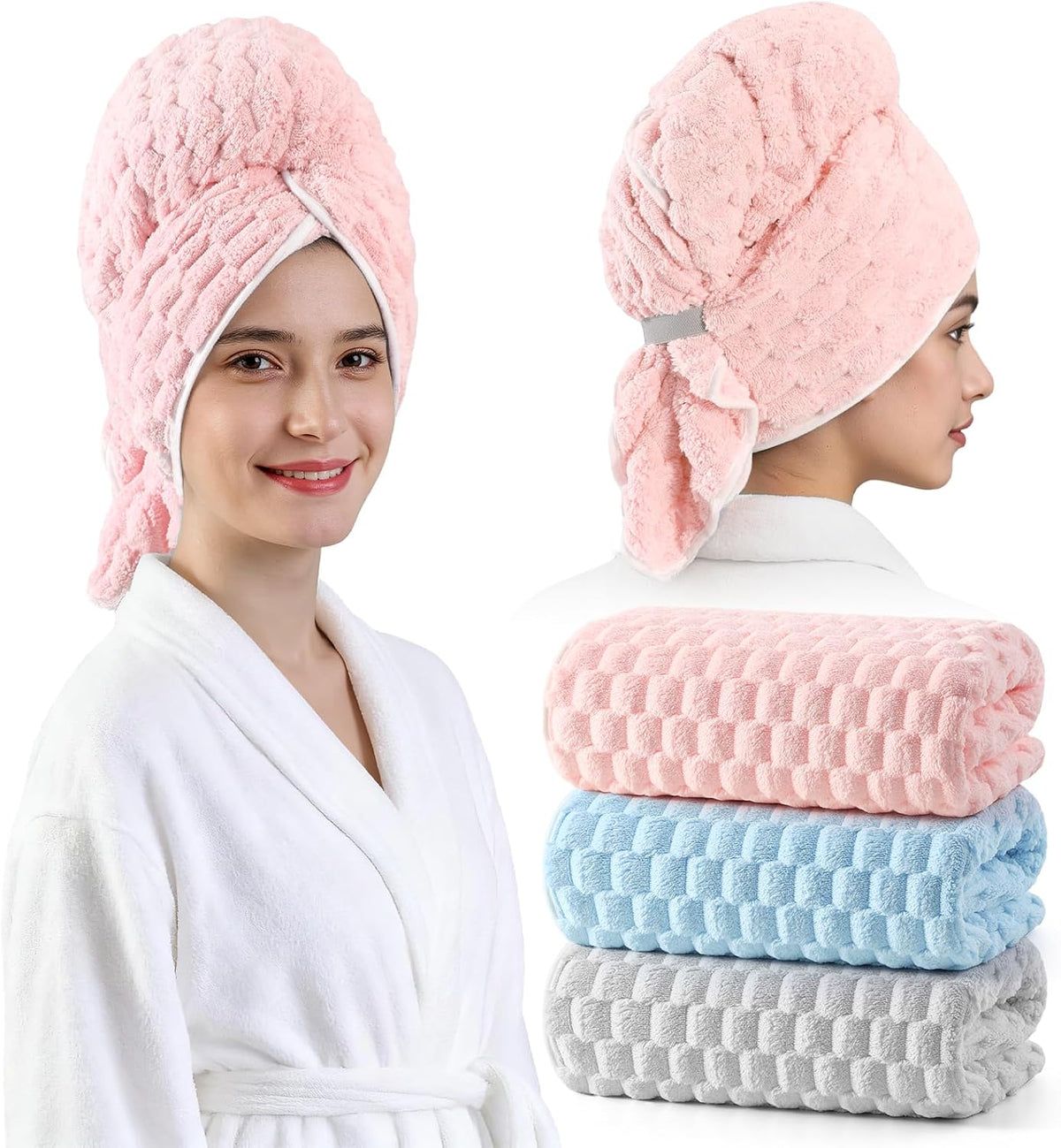 REDKISS 3 Pack Microfiber Hair Towels - Extra Large Hair Towel Wrap for Women, 24x42 inch Hair Towels with Elastic Strap, Super Soft Hair Drying Towels for Long, Thick, Curly Anti Frizz Turbans
