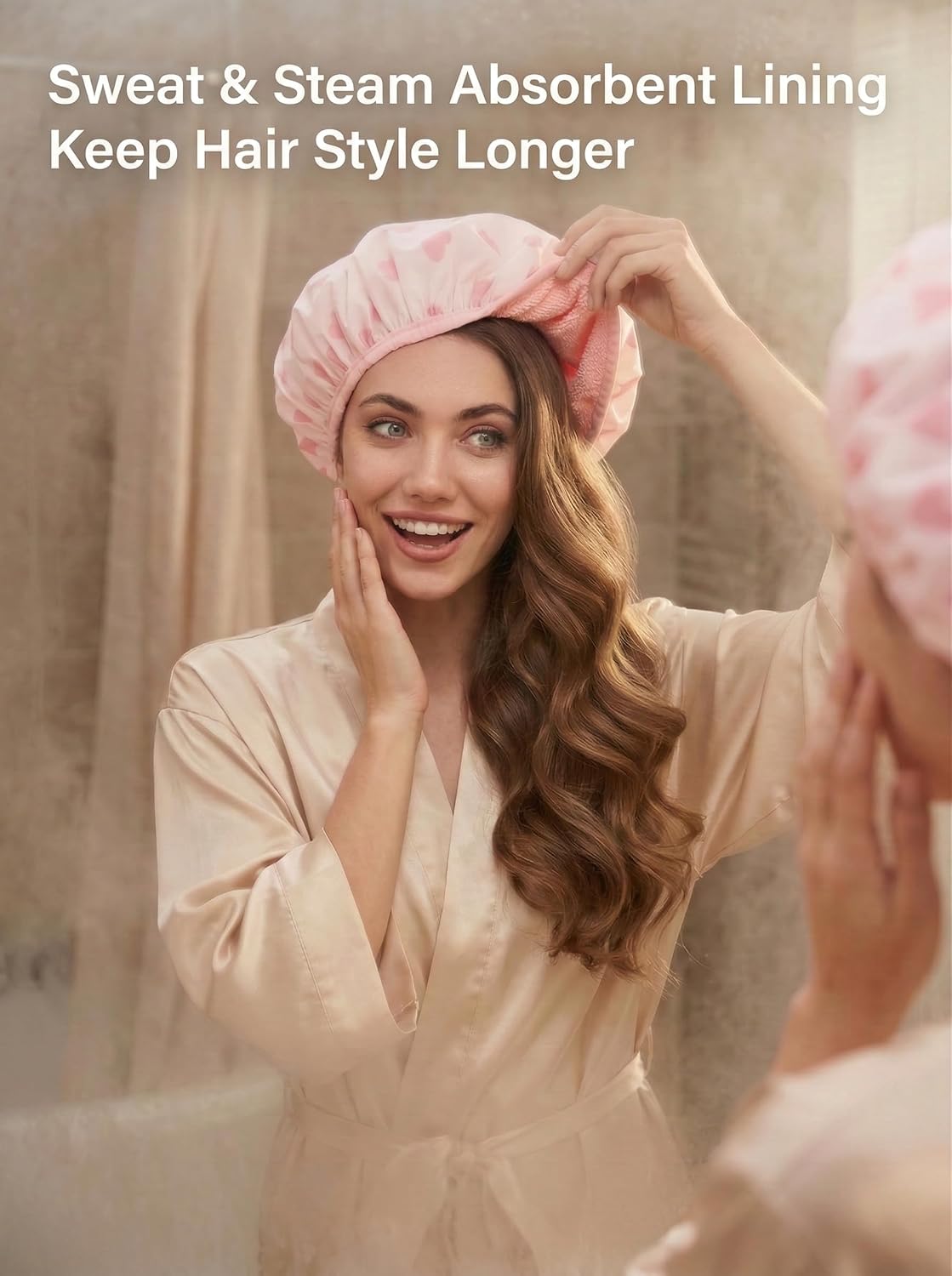 Auban Shower Cap, Shower Cap for Women Terry Cloth Lined EVA Exterior Reusable Double Layer Waterproof, Large Bath Hair Cap, Hotel Travel Essentials Accessories Cleaning Supplies(Pink)