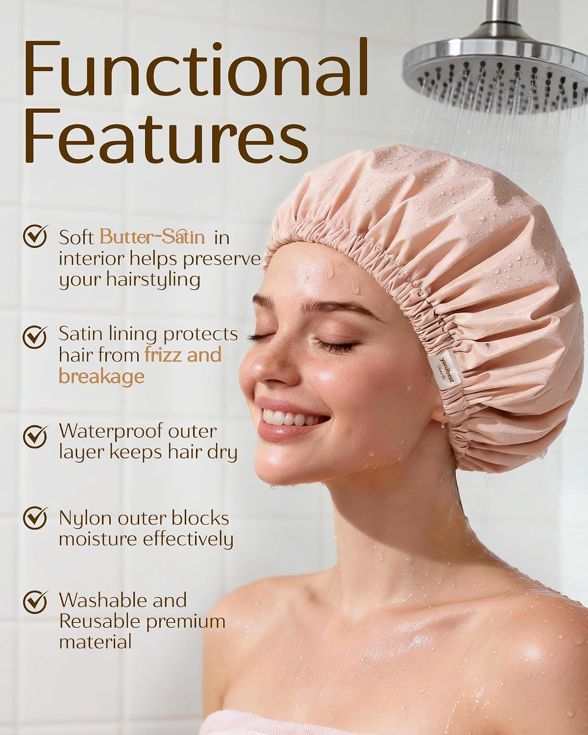 Yanibest Satin Lined Shower Cap, Shower Caps for Women Reusable Waterproof