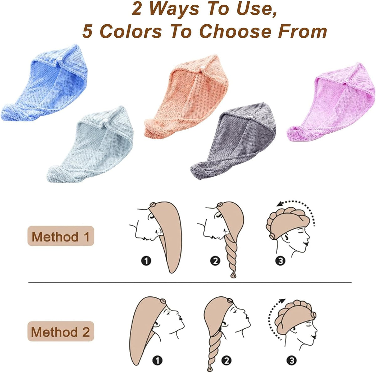 Soft Microfiber Hair Drying Towel Wrap, 5 Pack Elastic Hair
