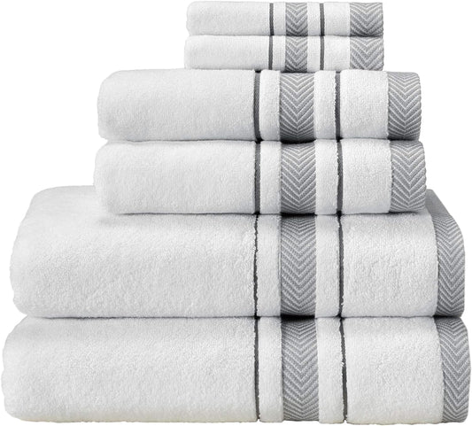 Bath Towels Set for Bathroom – Luxury 6-Piece Cotton Towels, Soft Absorbent & Quick Dry, 600 GSM Bath Towels for Bathroom, Hotel Spa Quality (White/Grey, 6- Bath Towel Set)