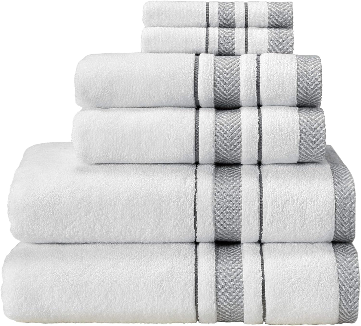 Bath Towels Set for Bathroom – Luxury 6-Piece Cotton Towels, Soft Absorbent & Quick Dry, 600 GSM Bath Towels for Bathroom, Hotel Spa Quality (White/Grey, 6- Bath Towel Set)