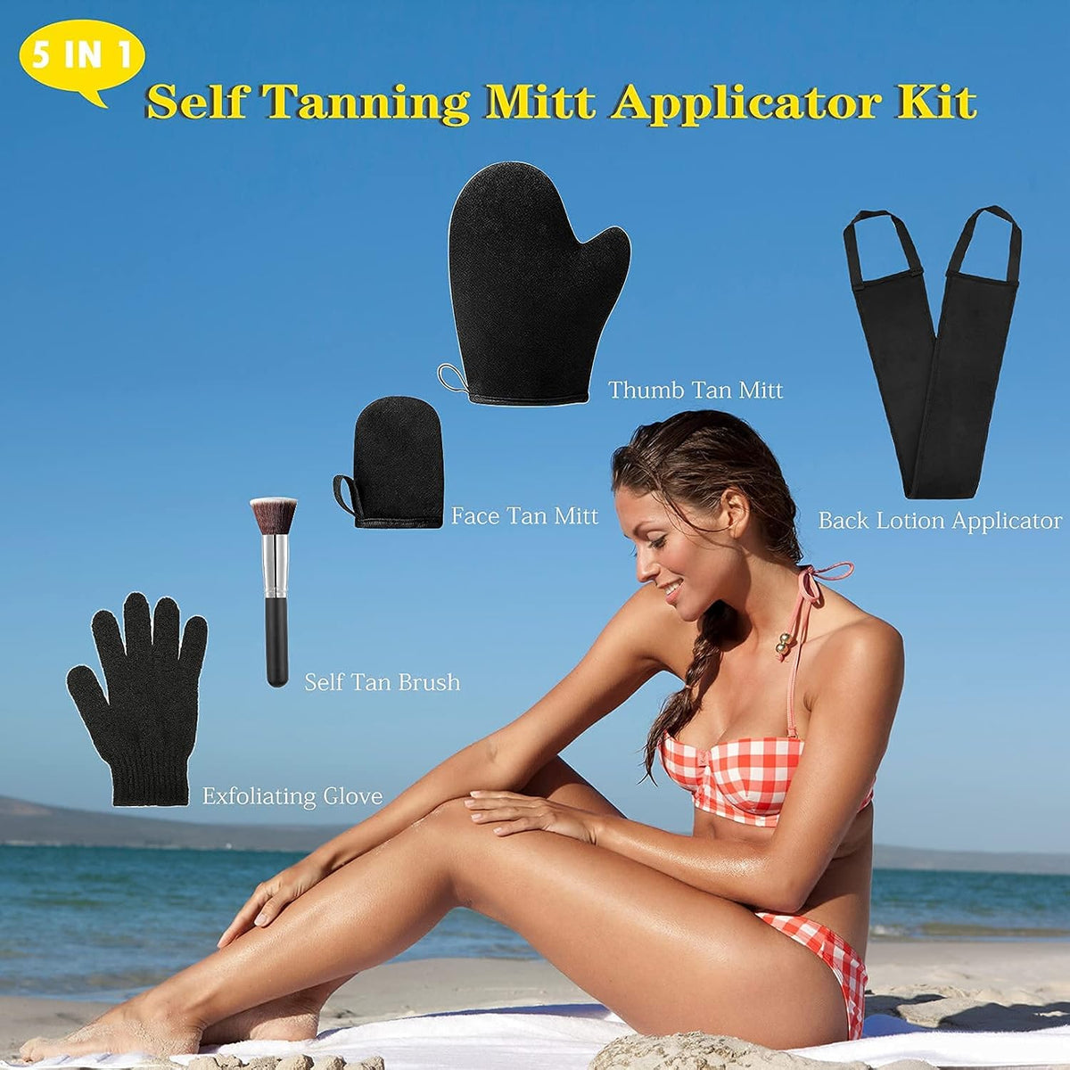5 Pack Self Tanning Mitt Applicator Kit - Face Tan Mitt, Back Lotion Applicator, Exfoliating Glove, Tanning Brush，Mini Tanner Mitt