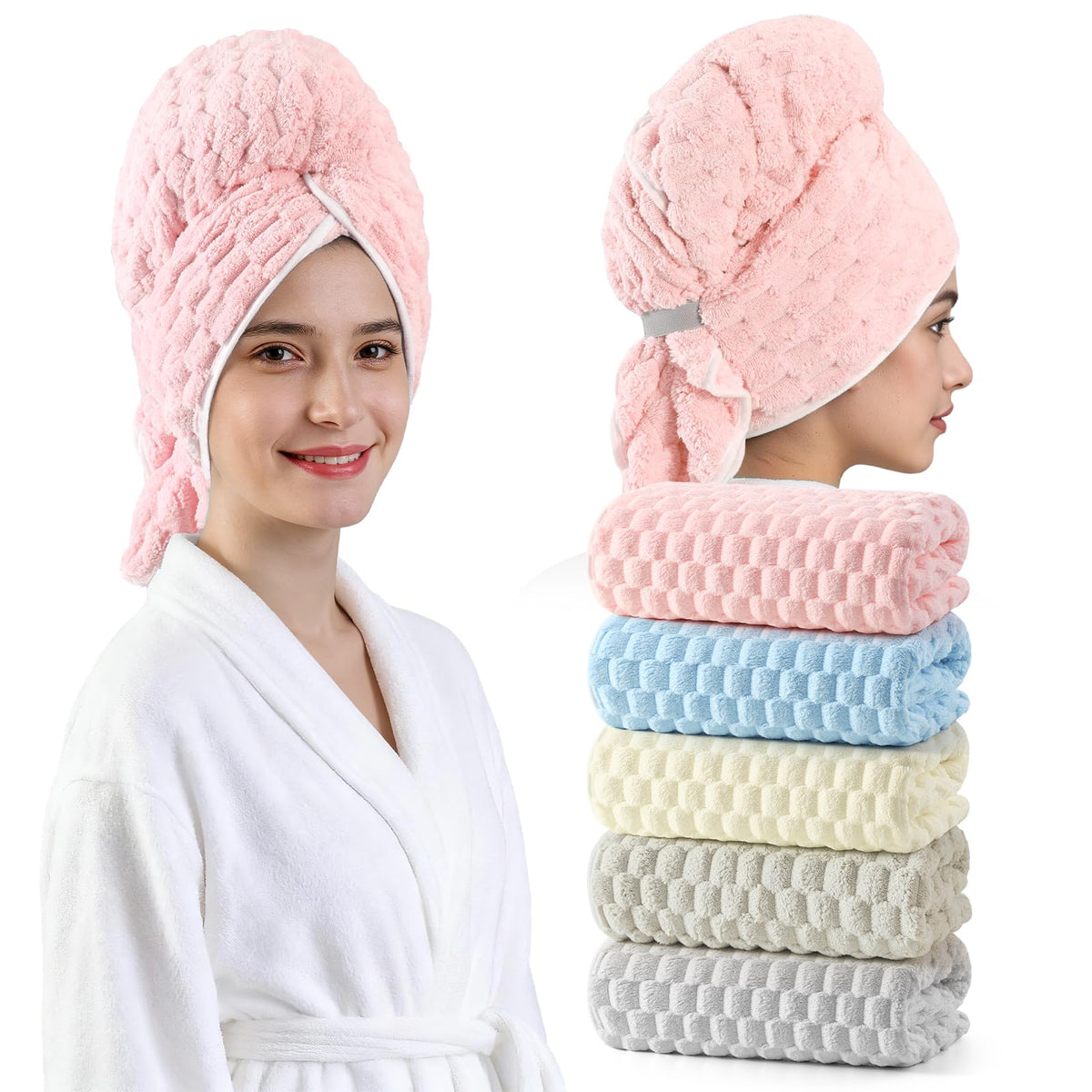 REDKISS 3 Pack Microfiber Hair Towels - Extra Large Hair Towel Wrap for Women, 24x42 inch Hair Towels with Elastic Strap, Super Soft Hair Drying Towels for Long, Thick, Curly Anti Frizz Turbans
