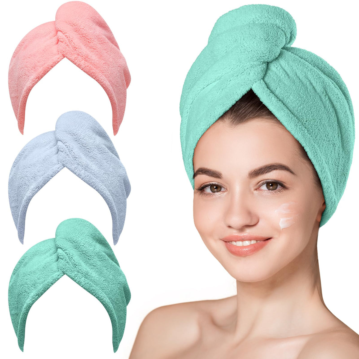 Hicober Microfiber Hair Towel Wrap for Women, Blue Grey Pink, 3-Pack