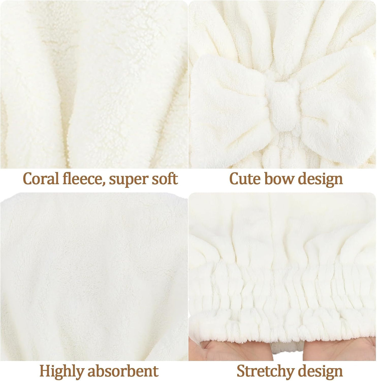 2Pcs Shower Cap Hair Towel Wrap for Women Ultra Absorbent Microfiber Hair Drying Caps with Cute Bow, Soft Plush Hair Towel Wraps for Women Girls (White&Gray)