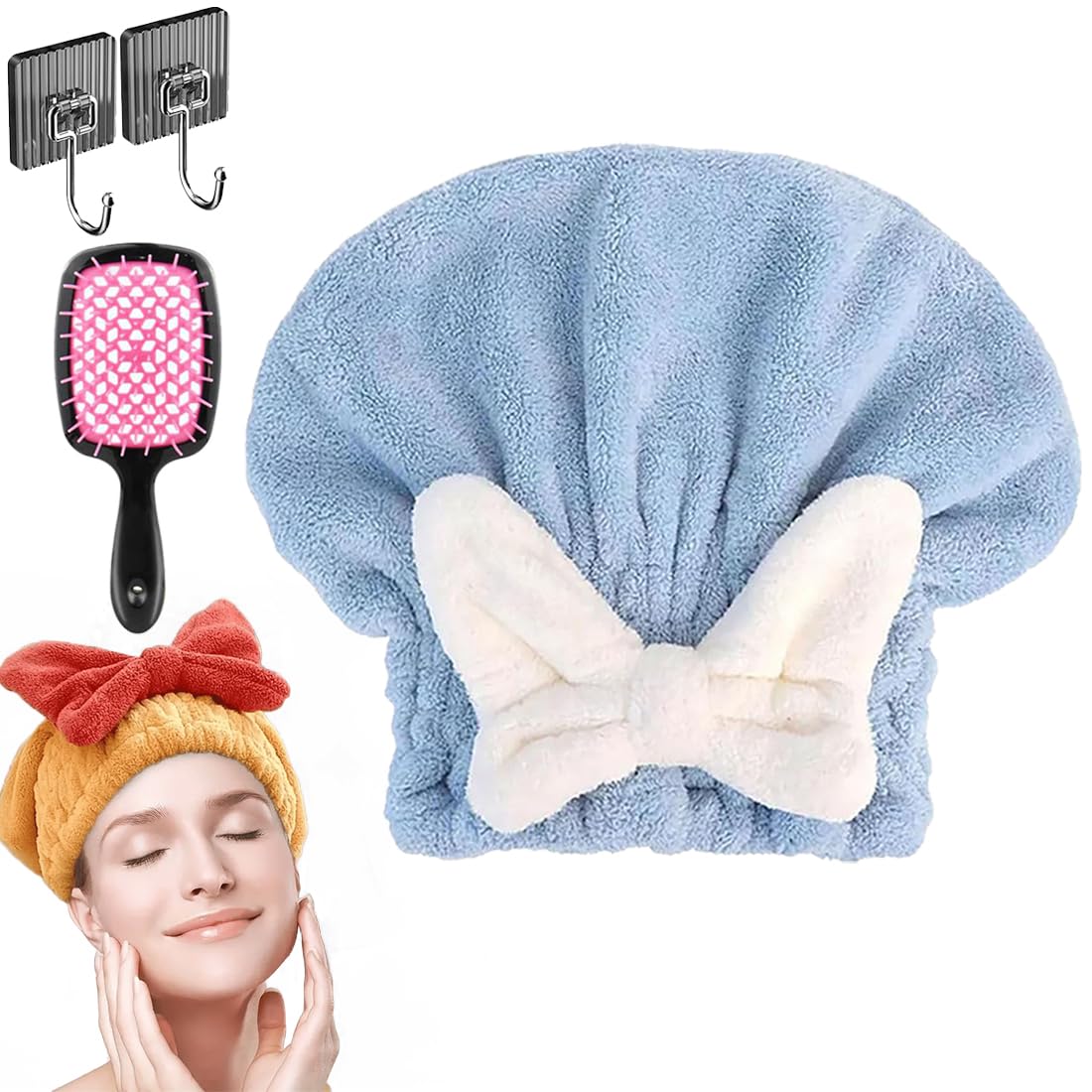 New Super Absorbent Hair Towel Wrap for Wet Hair, Microfiber Super Absorbent Hair Towel Wrap, Soft Absorbent Quick Drying Cap with Bow-Knot, Make Your Hair Smoother and shinier (2Pcs-A)