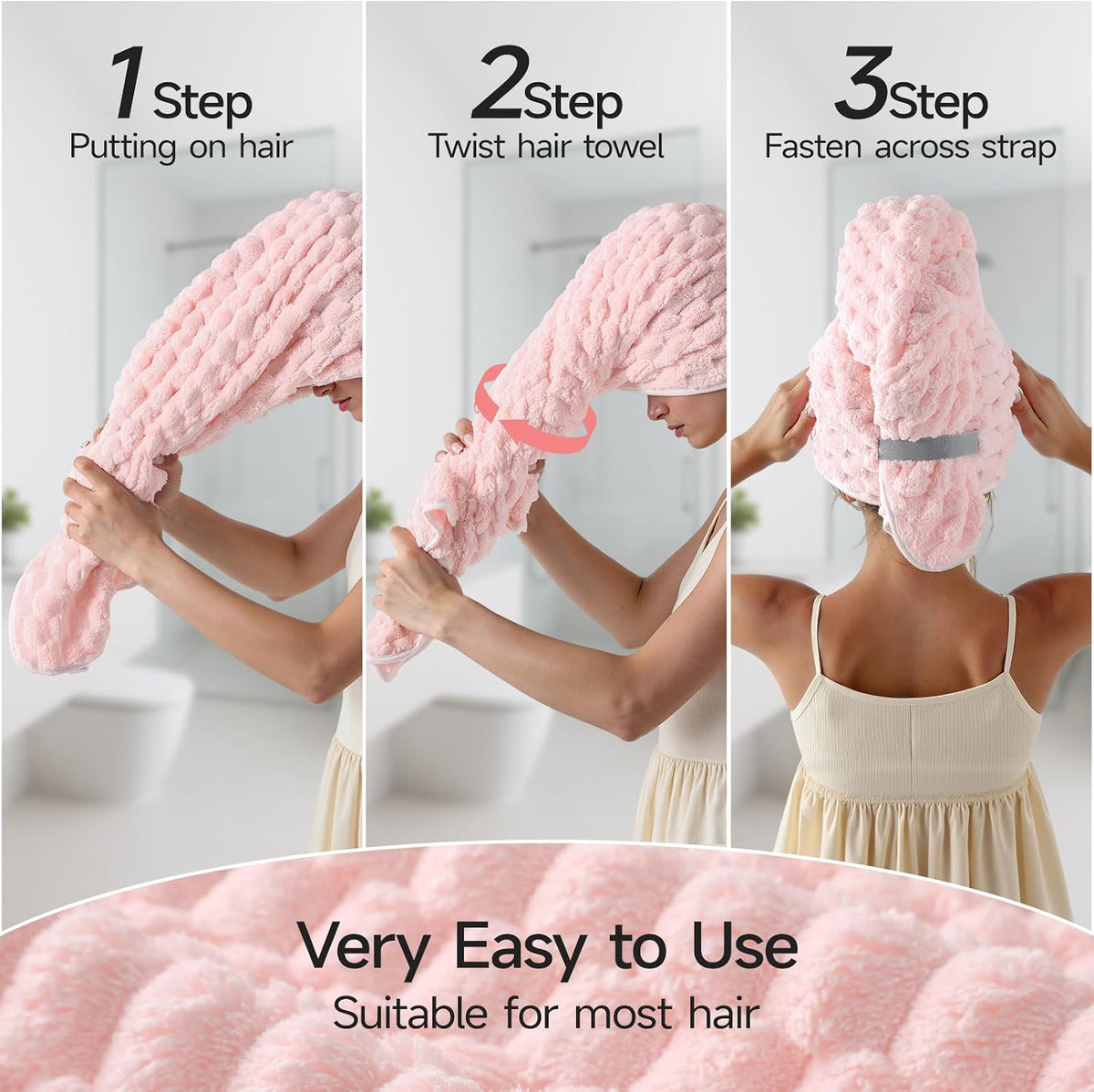 REDKISS 3 Pack Microfiber Hair Towels - Extra Large Hair Towel Wrap for Women, 24x42 inch Hair Towels with Elastic Strap, Super Soft Hair Drying Towels for Long, Thick, Curly Anti Frizz Turbans