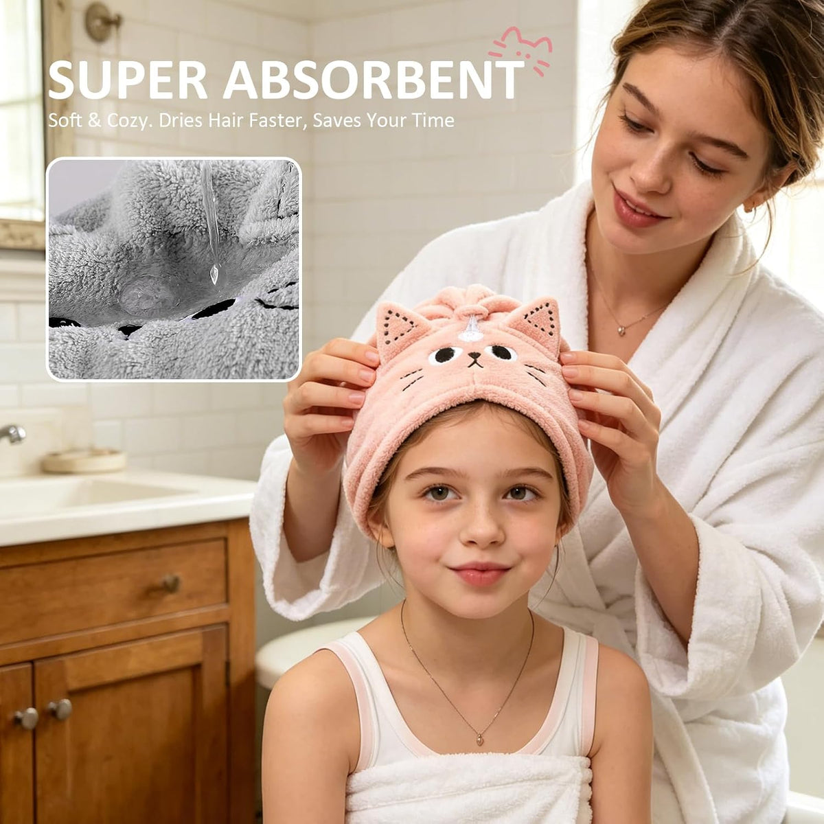 2 Pack Microfiber Hair Towel Wrap for Kids, Cute Cat Hair Drying Towels