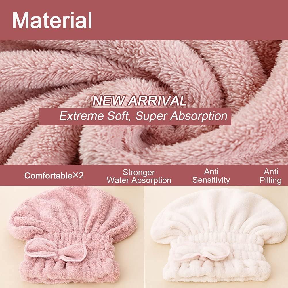 Jseng 2PC Microfiber Hair Drying Caps, Extrame Soft & Ultra Absorbent, Fast Drying Hair Turban Wrap Towels Thick Fluffy Shower Cap for Women