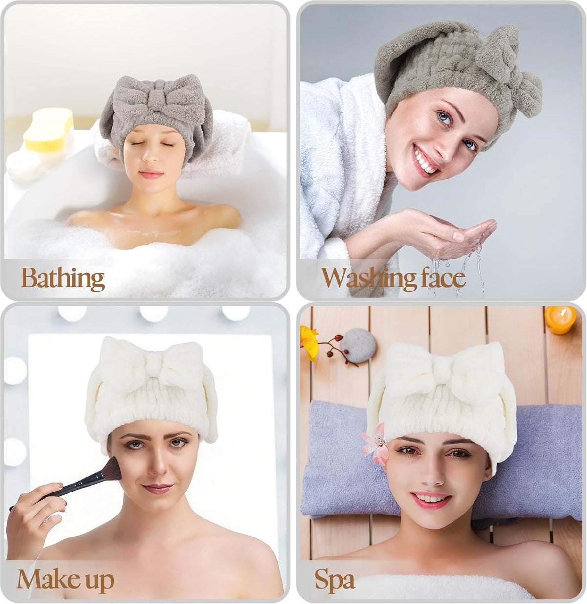 2Pcs Shower Cap Hair Towel Wrap for Women Ultra Absorbent Microfiber Hair Drying Caps with Cute Bow, Soft Plush Hair Towel Wraps for Women Girls (White&Gray)