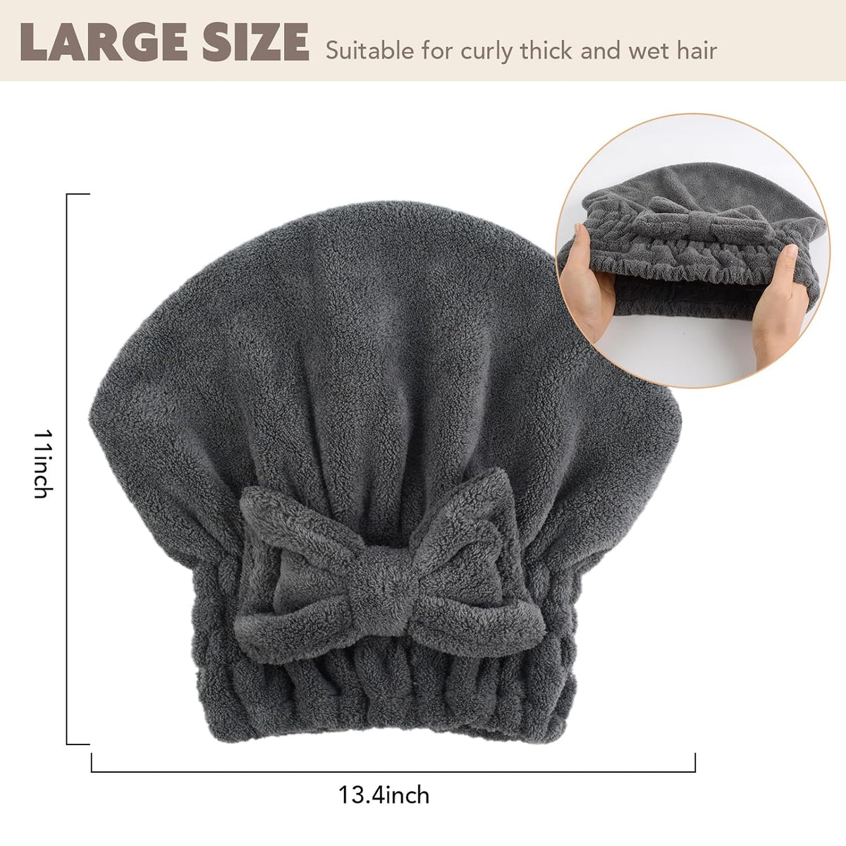SUNLAND Large Microfiber Hair Drying Caps with Bow Knot 2 Pack Grey