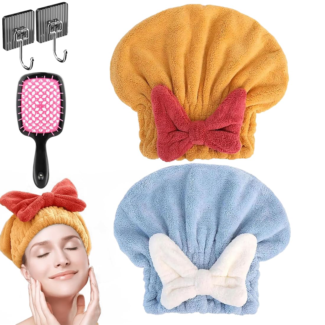 New Super Absorbent Hair Towel Wrap for Wet Hair, Microfiber Super Absorbent Hair Towel Wrap, Soft Absorbent Quick Drying Cap with Bow-Knot, Make Your Hair Smoother and shinier (2Pcs-A)