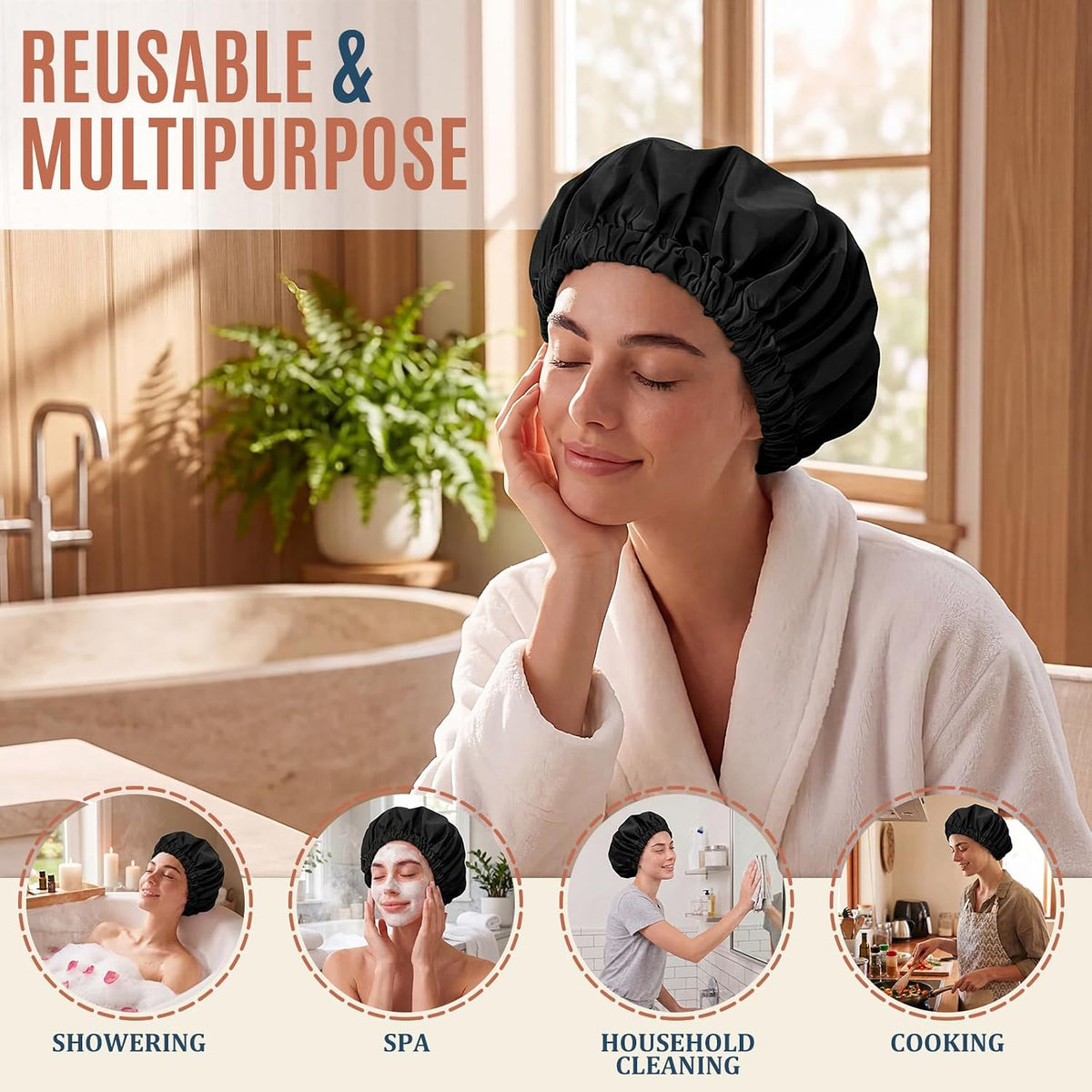 Shower Cap for Women, Reusable Waterproof Long Hair Bonnet