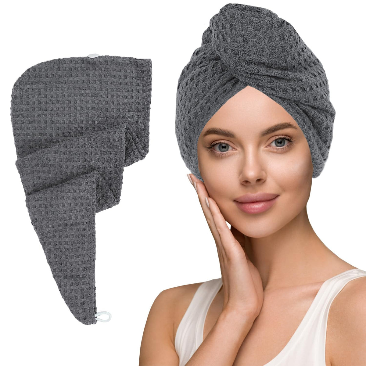 MaopaoBeauty Hair Towel Wrap for Women Long&Thick Hairs Head Wrap 1Pack Super Absorbent Hair Drying White Waffle Bath Towels for Curly Quick Dry Hair Drying Towels with Button
