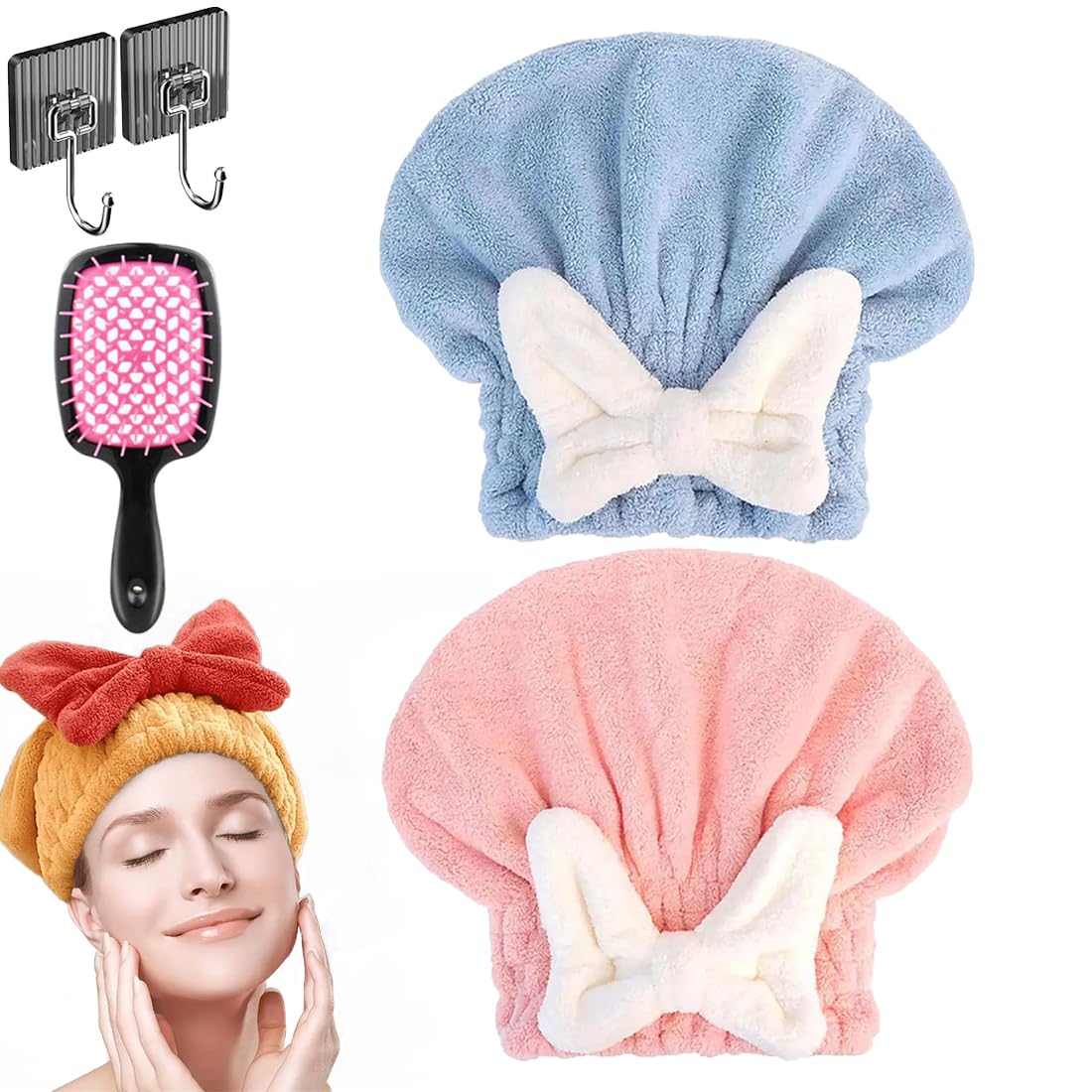 New Super Absorbent Hair Towel Wrap for Wet Hair, Microfiber Super Absorbent Hair Towel Wrap, Soft Absorbent Quick Drying Cap with Bow-Knot, Make Your Hair Smoother and shinier (2Pcs-A)