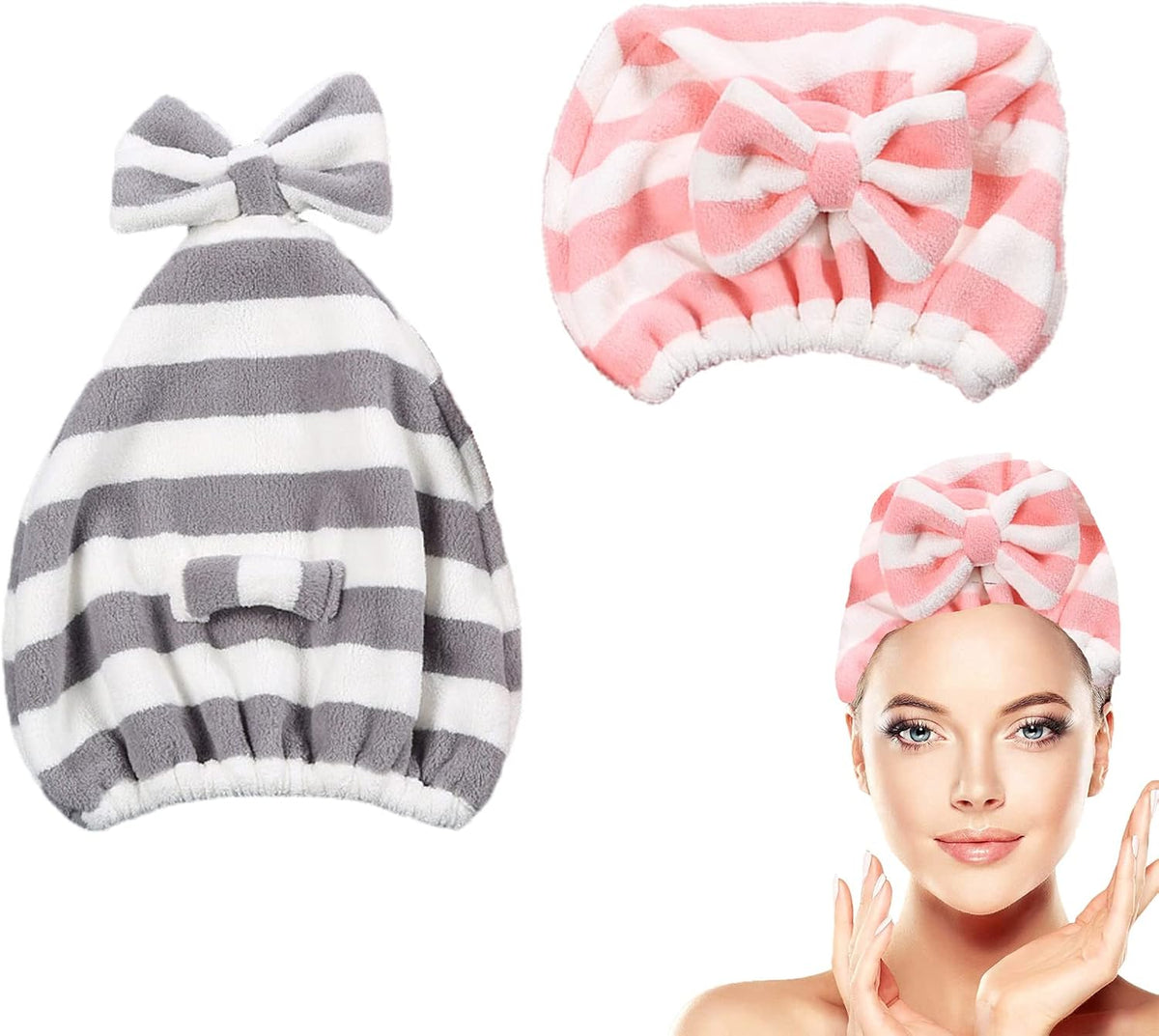 Large Microfiber Hair Towel Cap,Rapid Drying Towel For Hair,Ultra Soft Super Absorbent Hair Drying Towel Turban,Cute Gray&Pink Bow Hair Towel Wrap,Hair Drying Towels For Women Fast Dry(2pack)